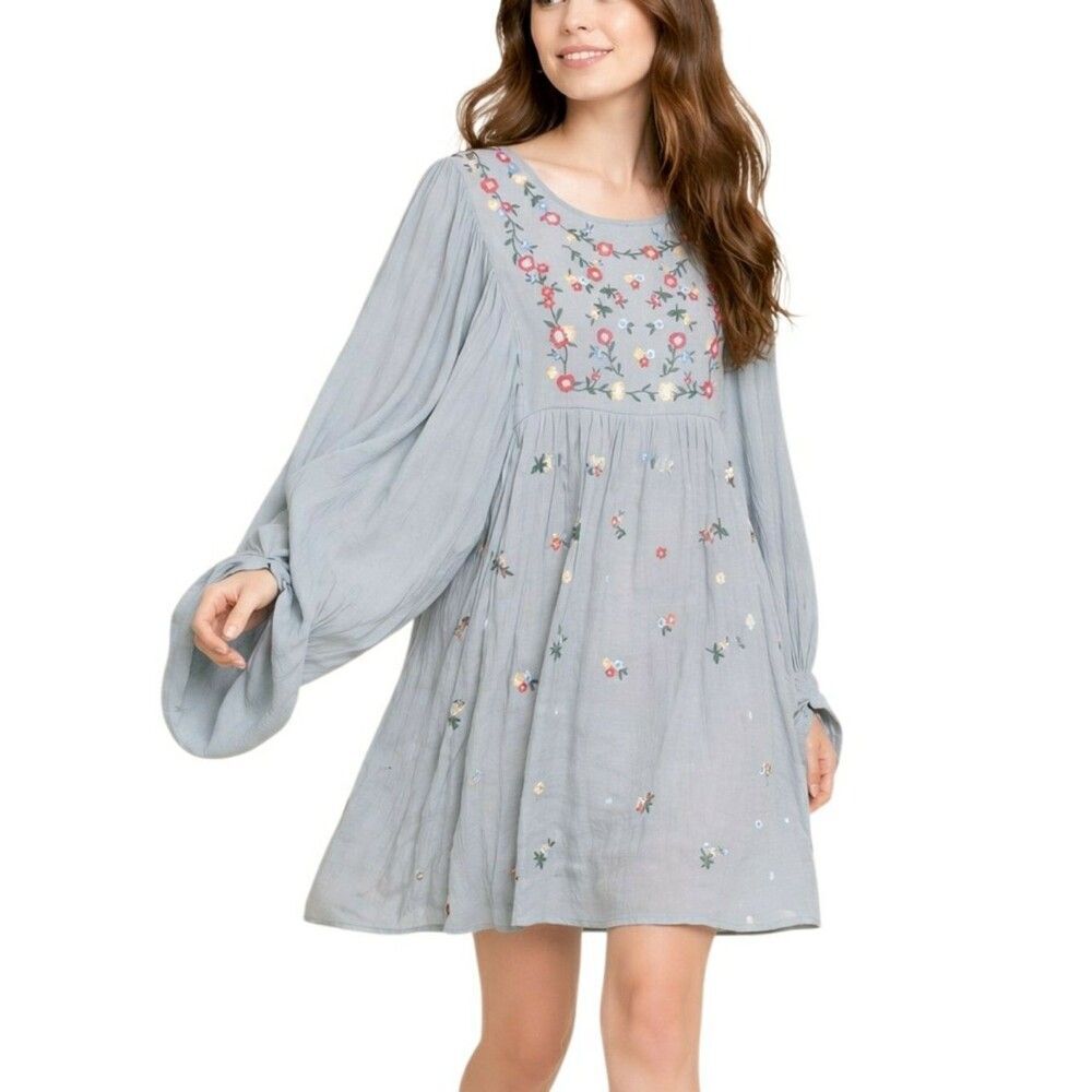 UMGEE Embroidered Mini Dress Smocked Flowy Floral Gray Size S